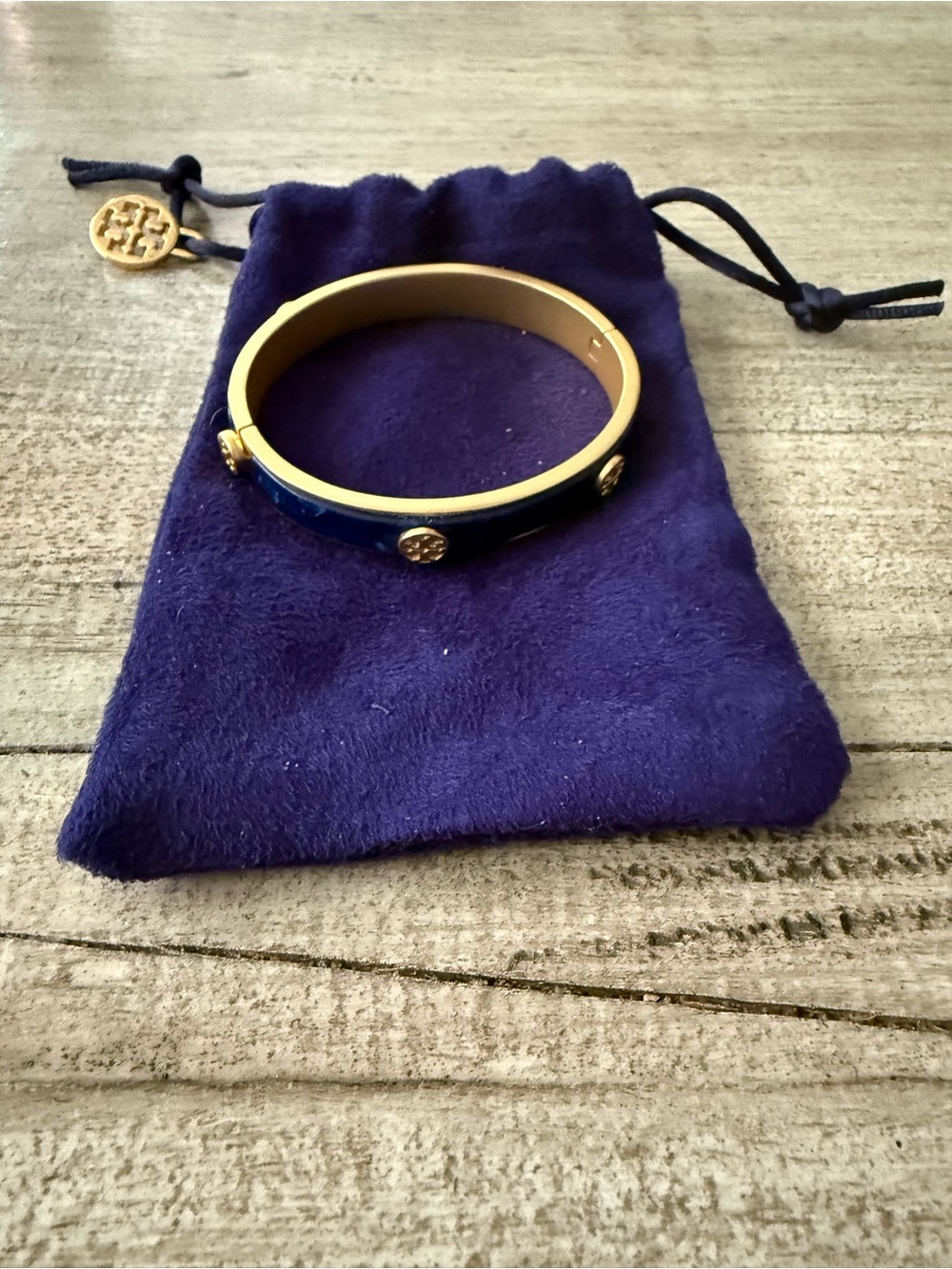 Tory Burch Navy and Gold Enamel Logo Stud Bangle Bracelet
